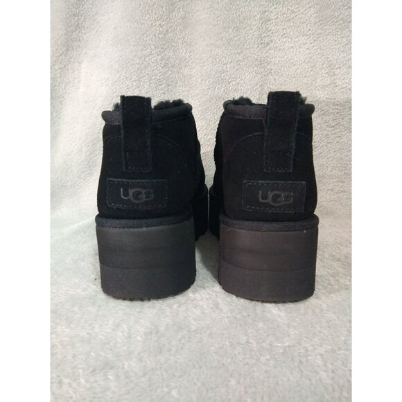 UGG Boots Womens 9 Black Suede Fur Classic Ultra Mini Platform Ankle Box - Picture 8 of 11